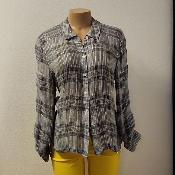 BRAND NEW I-N-C WOMEN'S PLAID SEQUIN BUTTON UP SHIRT - Picture 2 of 16